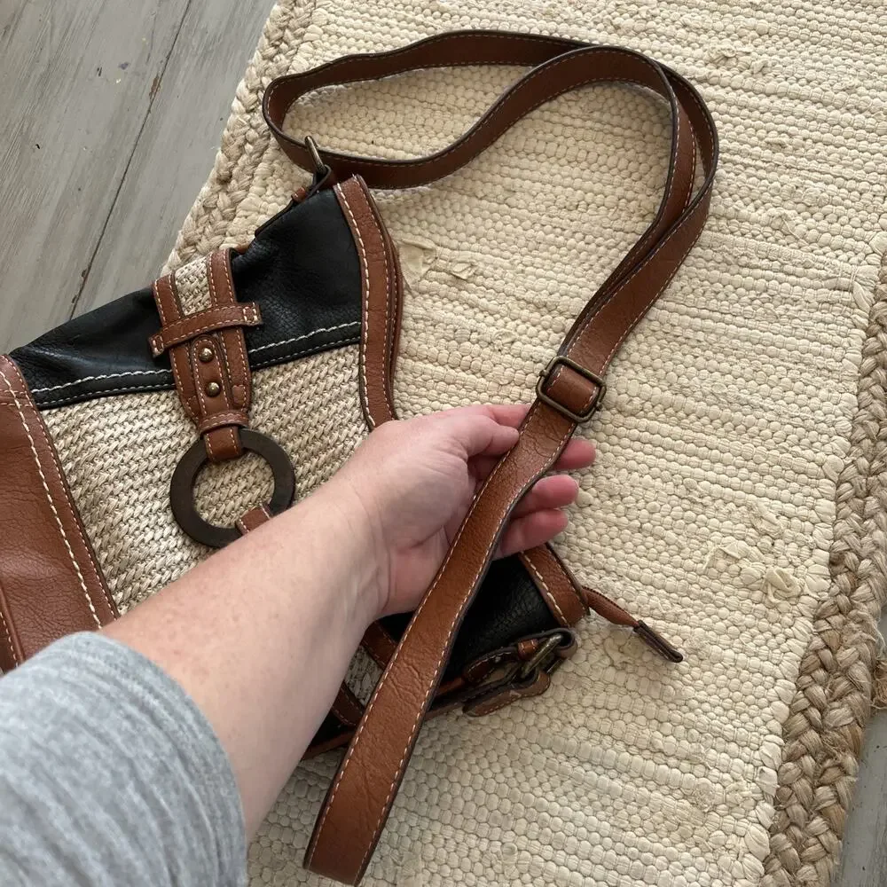 BOC Black Cognac Narayit Straw Woven Crossbody Purse Boho